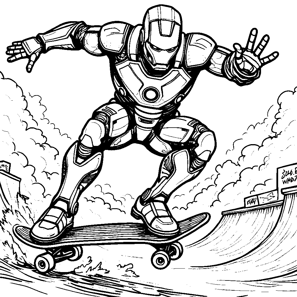 Iron Man riding a skateboard with cool tricks