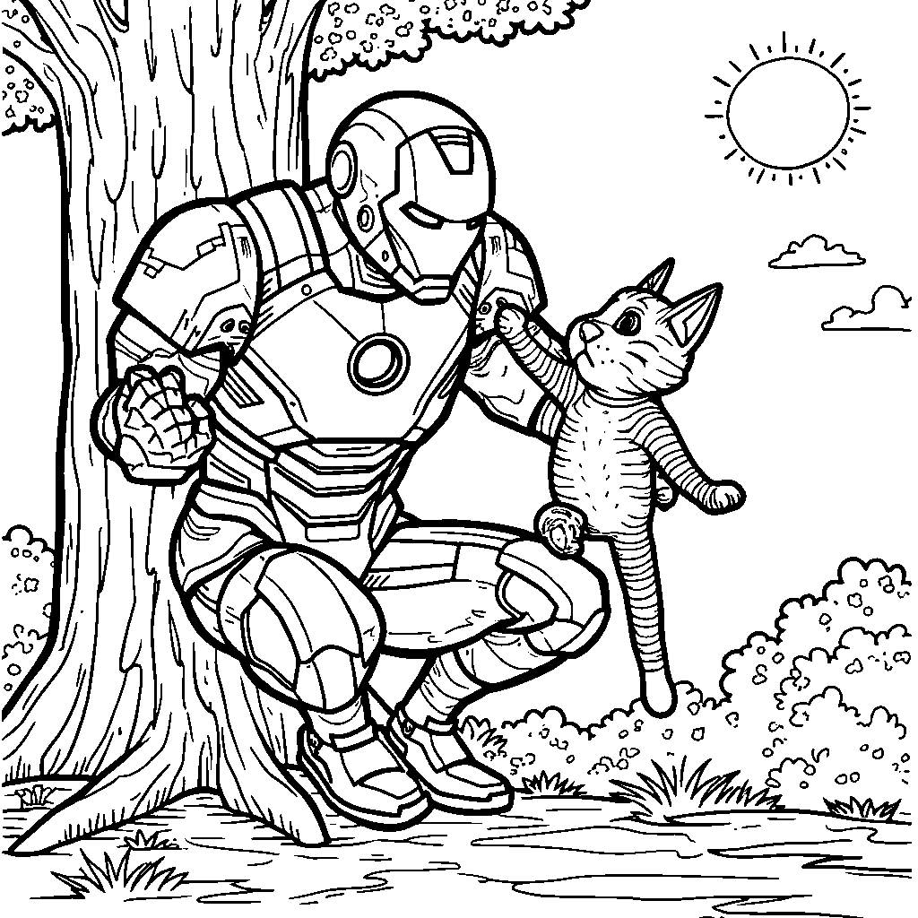 Iron Man saving a cat stuck in a tree