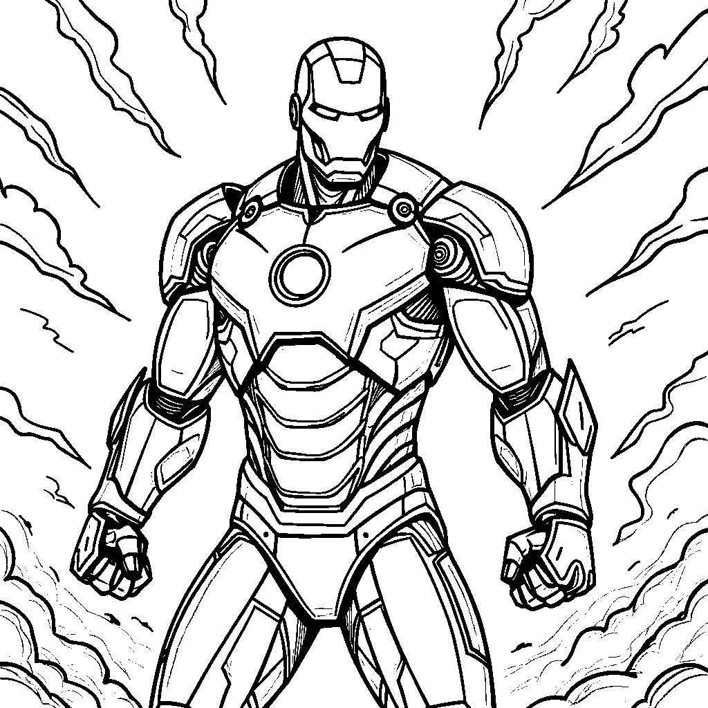 Iron Man standing heroically with his fists clenched