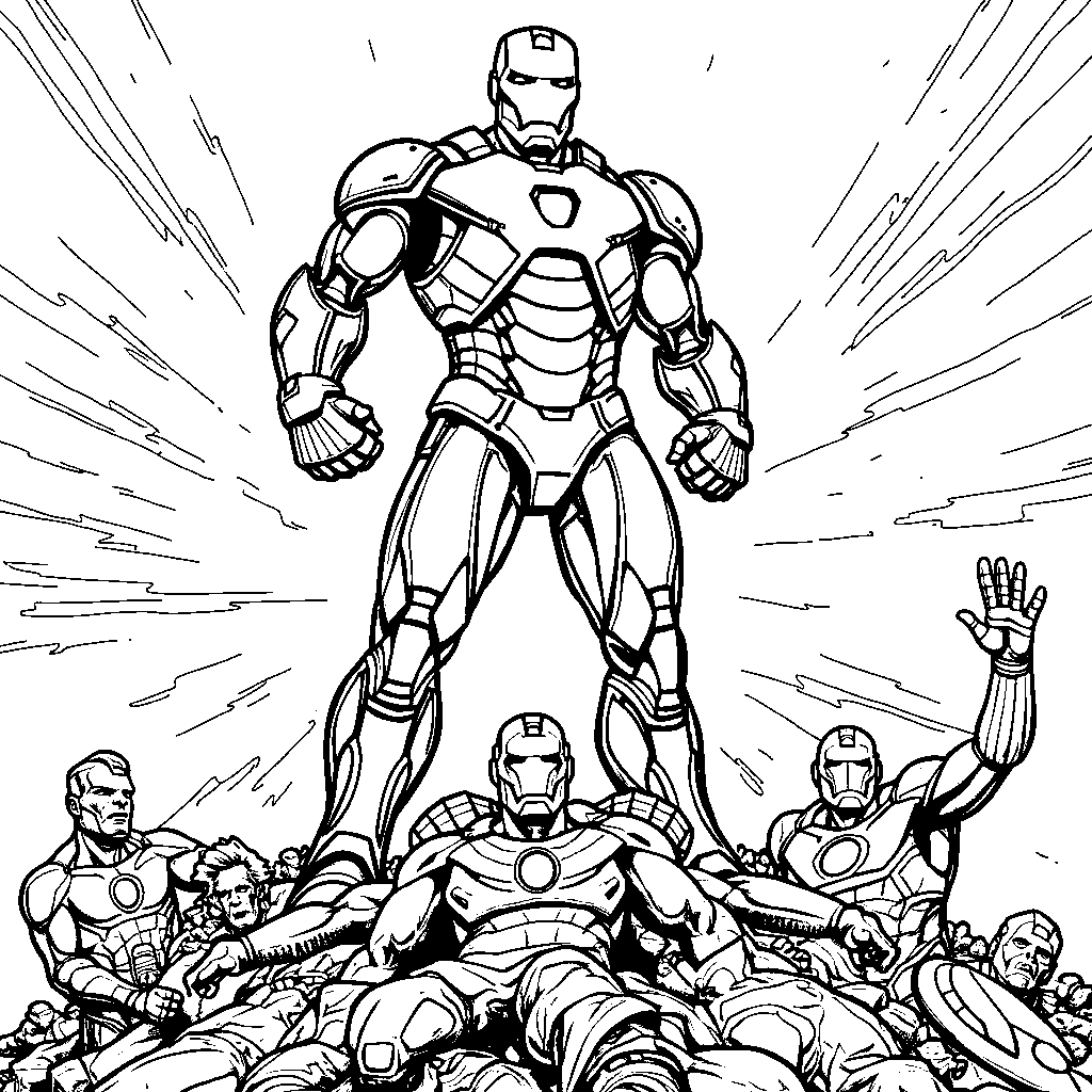 Iron Man standing on a pile of defeated villains