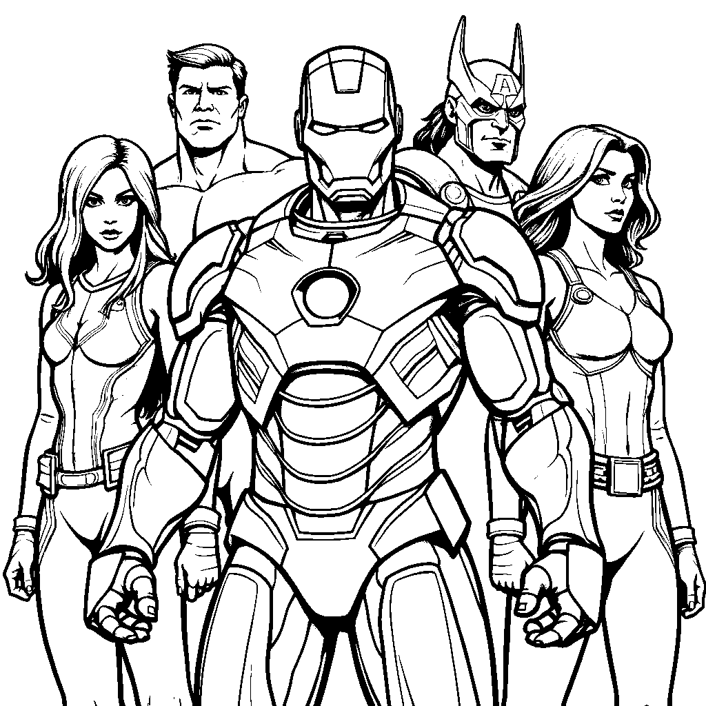 Iron Man surrounded by his Avenger friends