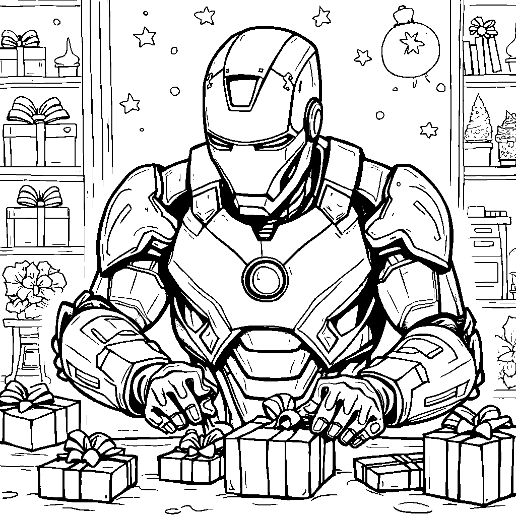 Iron Man wrapping gifts for his friends