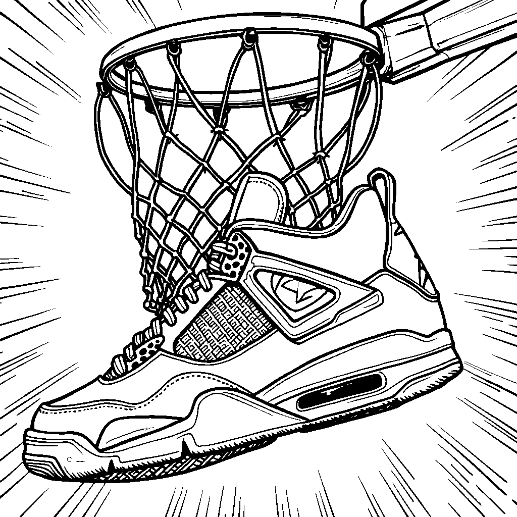 A basketball hoop with a Jordan 4 sneaker as the net