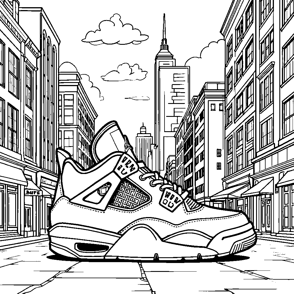 A cityscape with a giant Jordan 4 sneaker in the center