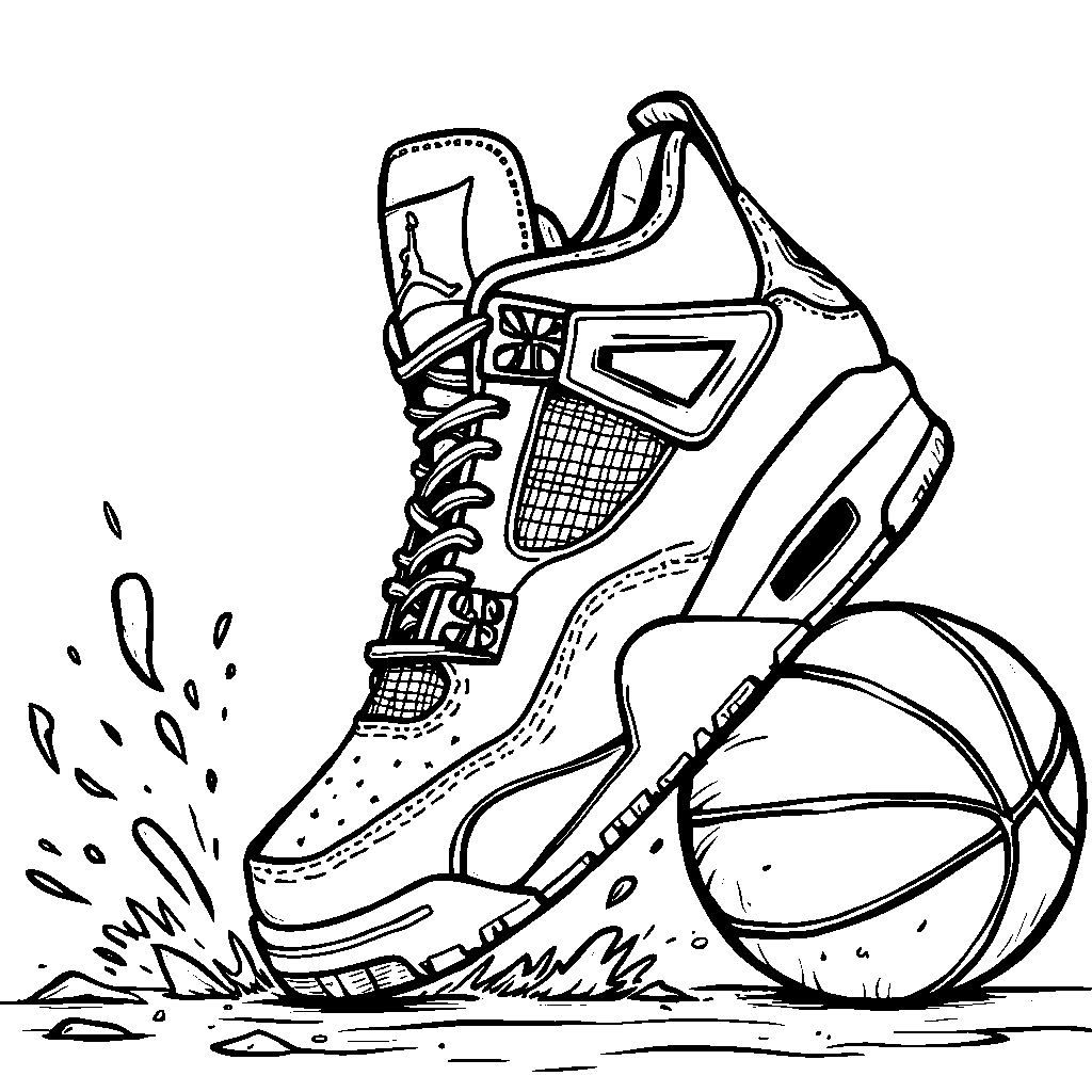 A giant Jordan 4 sneaker stepping on a basketball