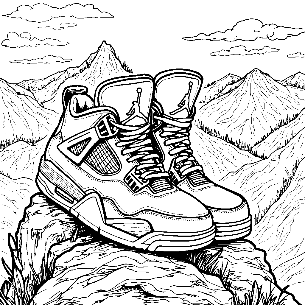 A pair of Jordan 4 sneakers standing on top of a mountain