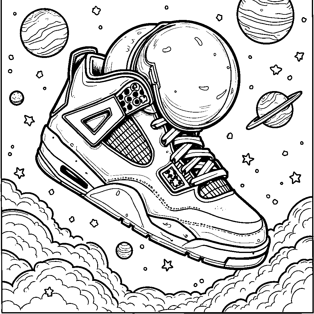 A Jordan 4 sneaker in a space suit flying through space