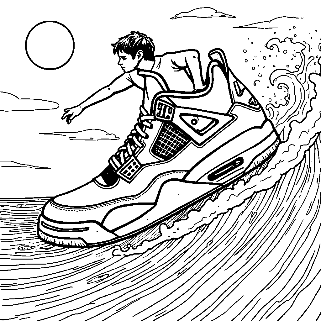 A Jordan 4 sneaker on a surfboard riding a wave