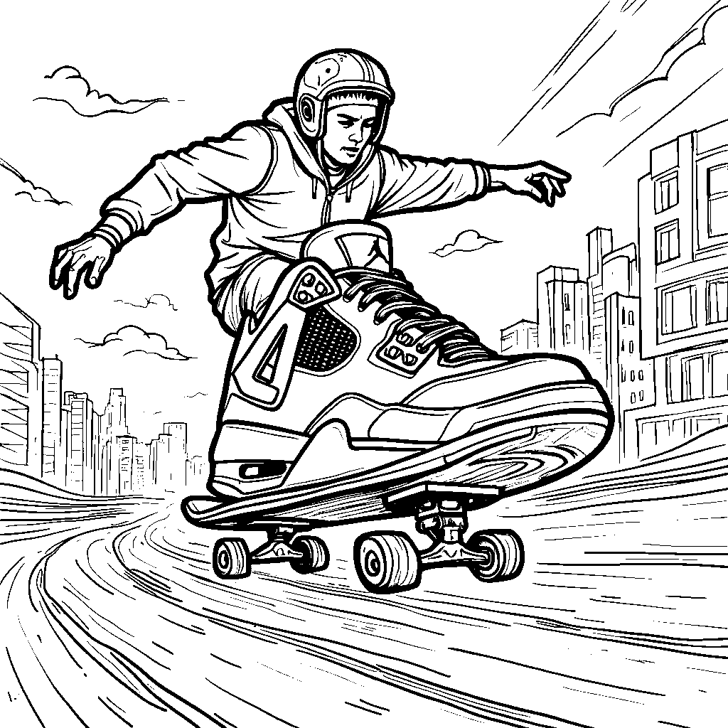 A Jordan 4 sneaker riding a skateboard