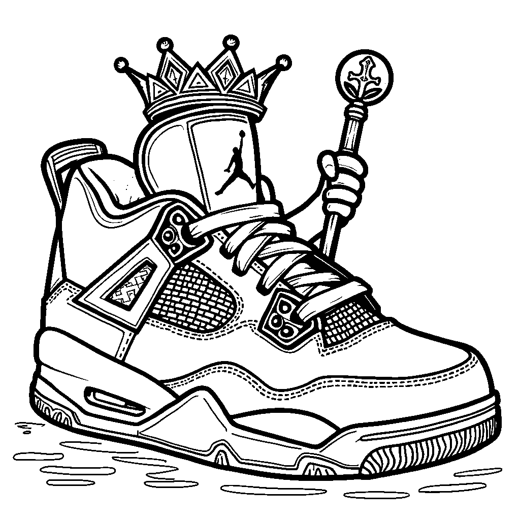 A Jordan 4 sneaker wearing a crown and holding a scepter