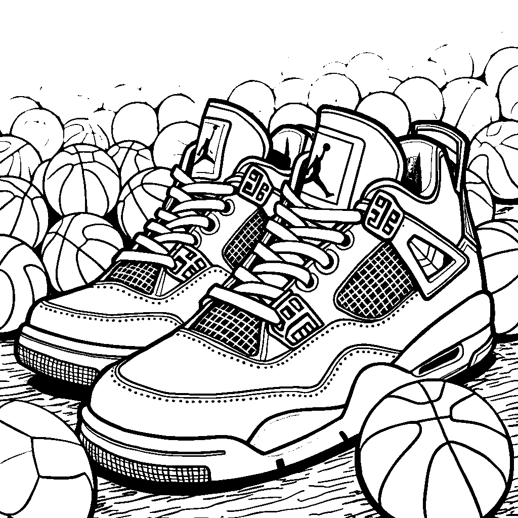 Jordan 4 sneakers surrounded by basketballs