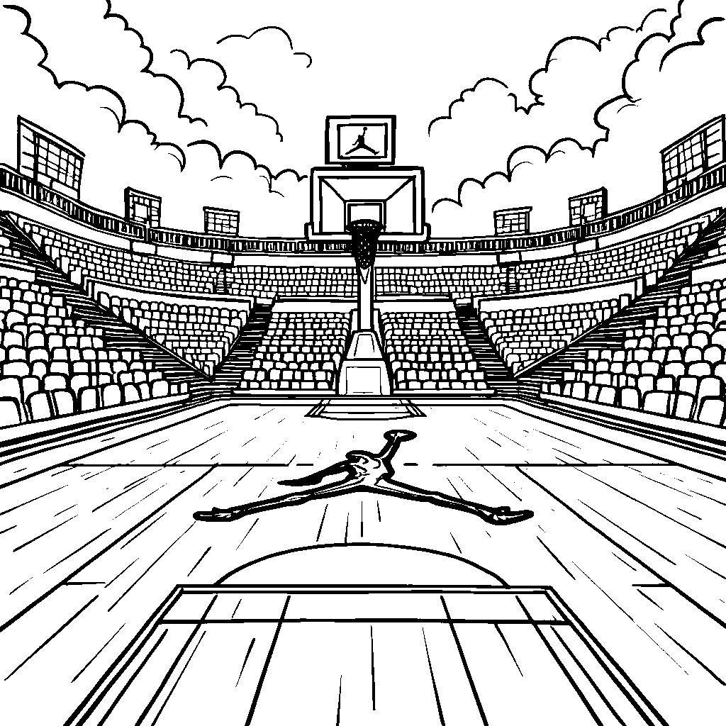 A basketball court with a giant Jordan 5 logo at center court