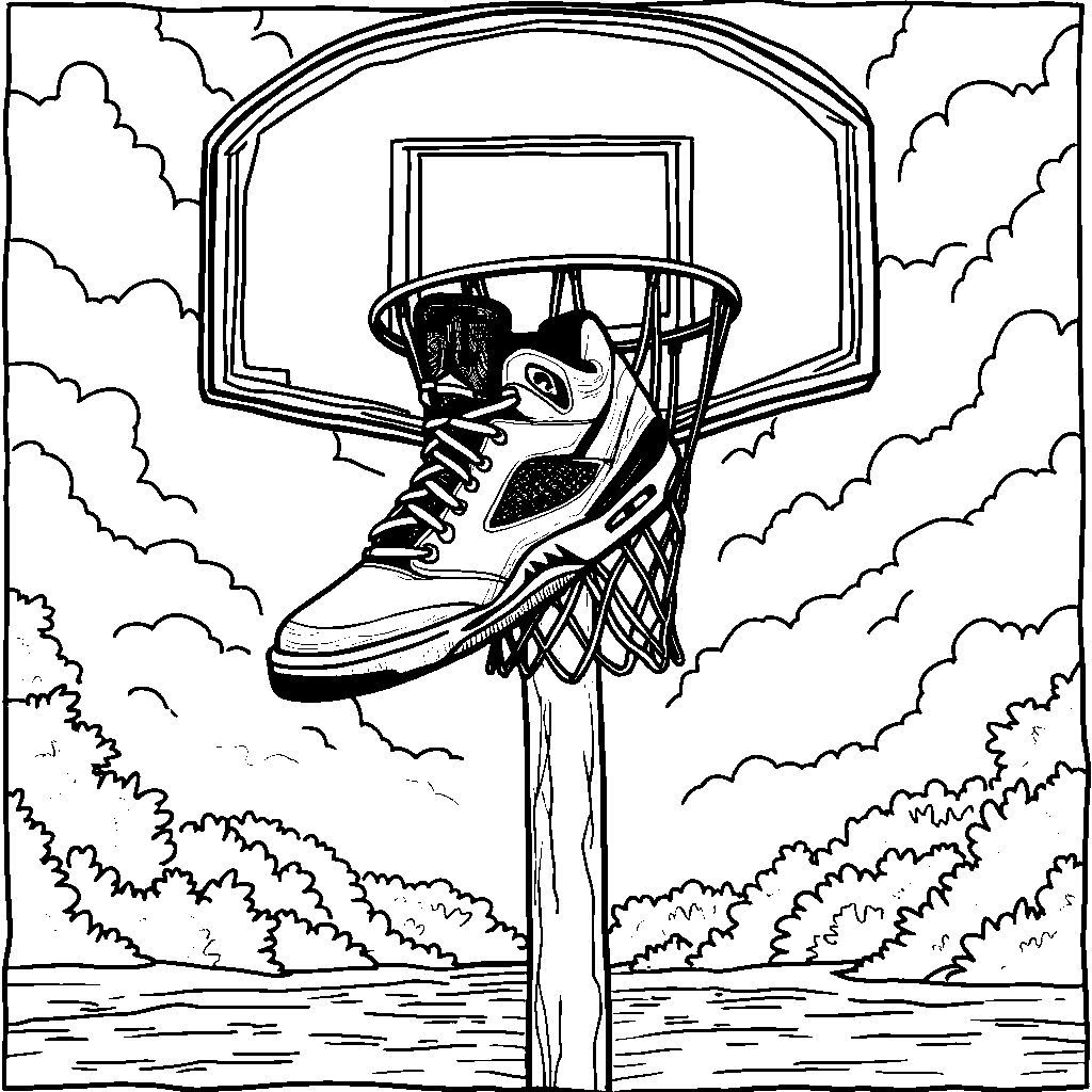 A basketball hoop with a Jordan 5 shoe as the backboard