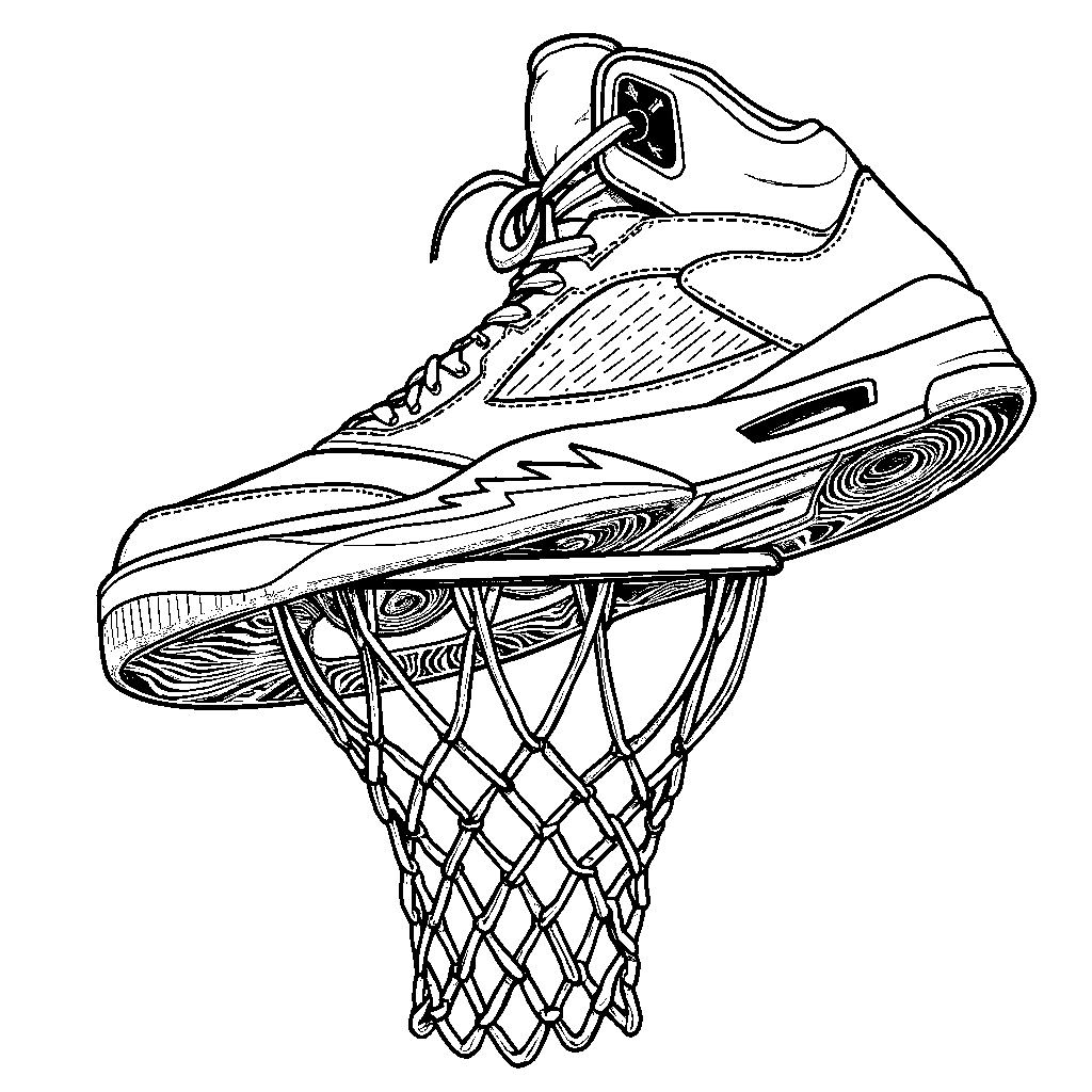 A giant Jordan 5 shoe crushing a basketball hoop