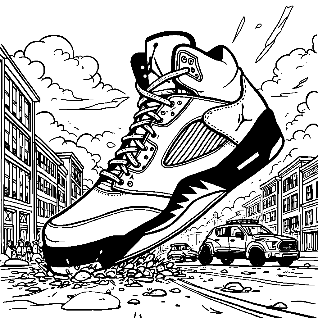 A giant Jordan 5 shoe crushing a cityscape