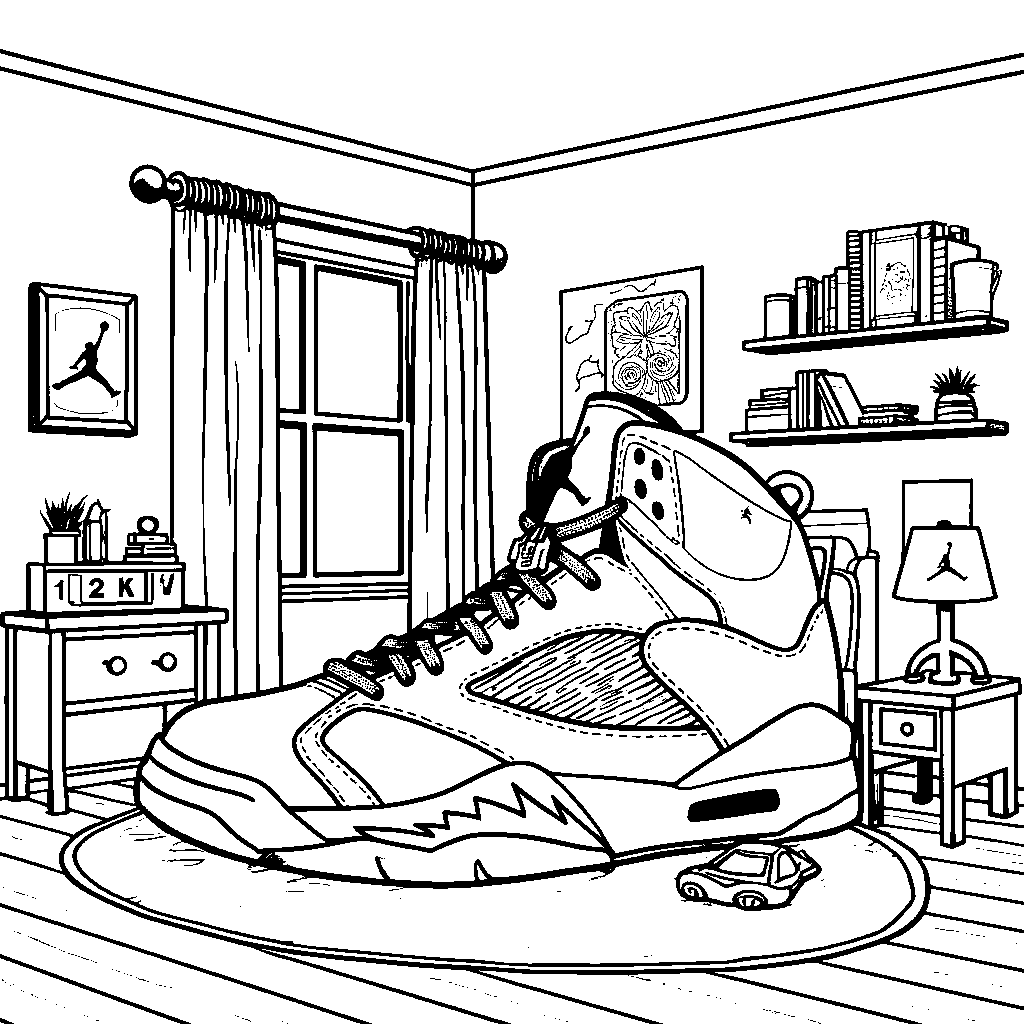 A kid's bedroom with a giant Jordan 5 shoe as a nightlight