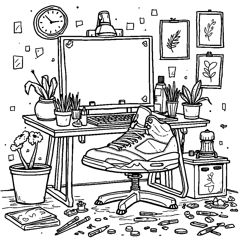 A kid's drawing desk with Jordan 5 shoes and art supplies scattered around