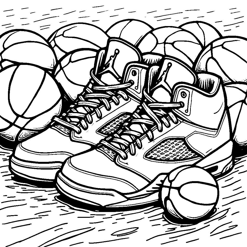 A pair of Jordan 5 sneakers surrounded by colorful basketballs