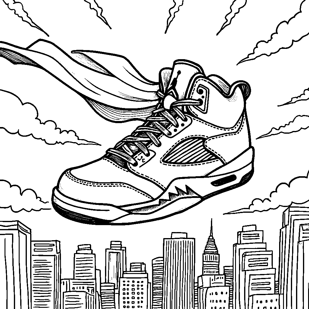 A Jordan 5 shoe with a superhero cape flowing behind it