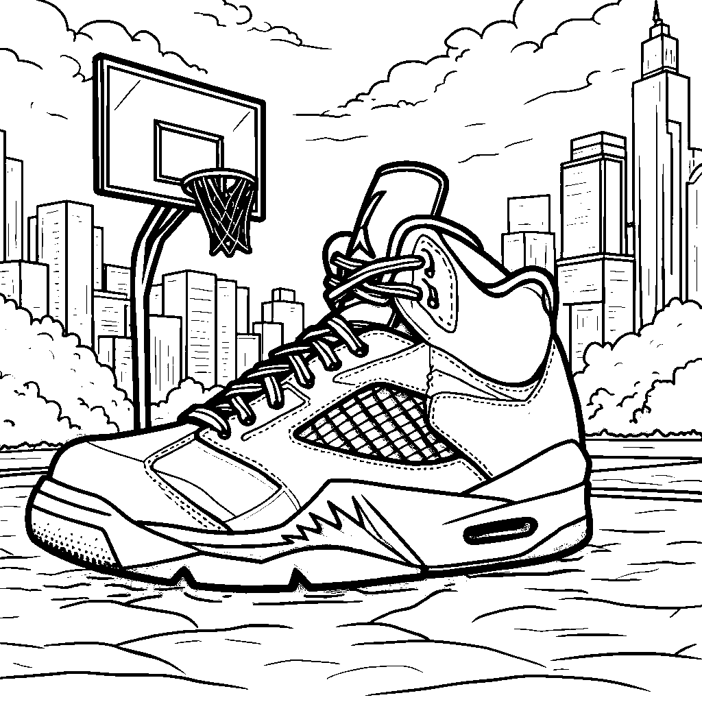 A Jordan 5 shoe with a basketball hoop on the heel