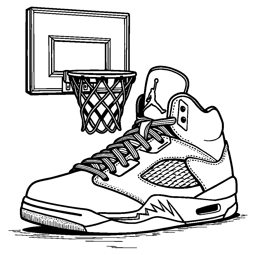 A Jordan 5 shoe with a basketball hoop on the tongue