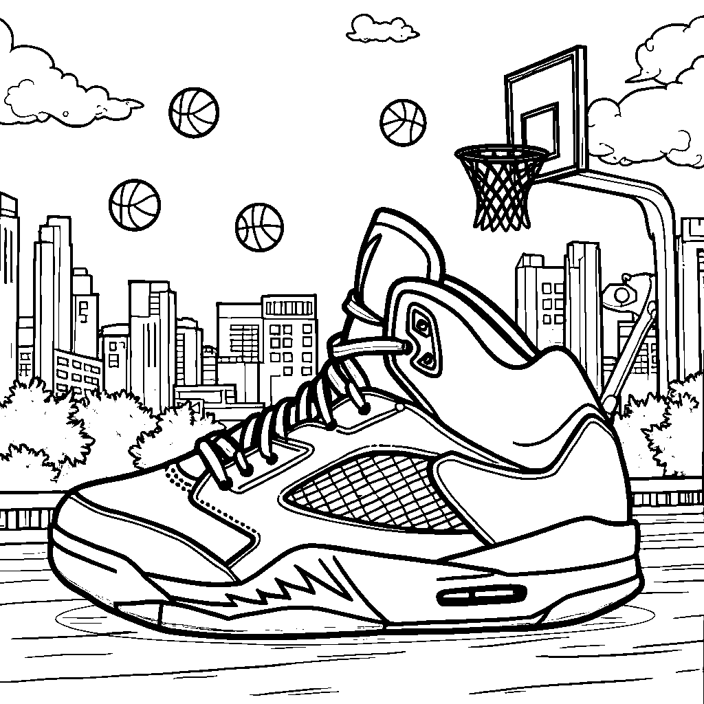 A Jordan 5 shoe with a built-in basketball hoop on the side