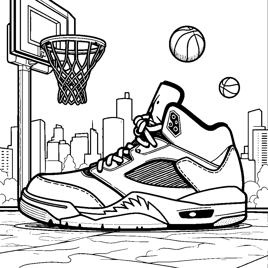 A Jordan 5 shoe with a built-in basketball net on the side