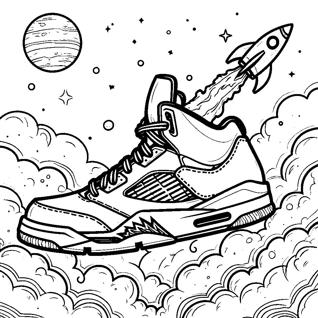 A Jordan 5 shoe with a rocket ship blasting off from it