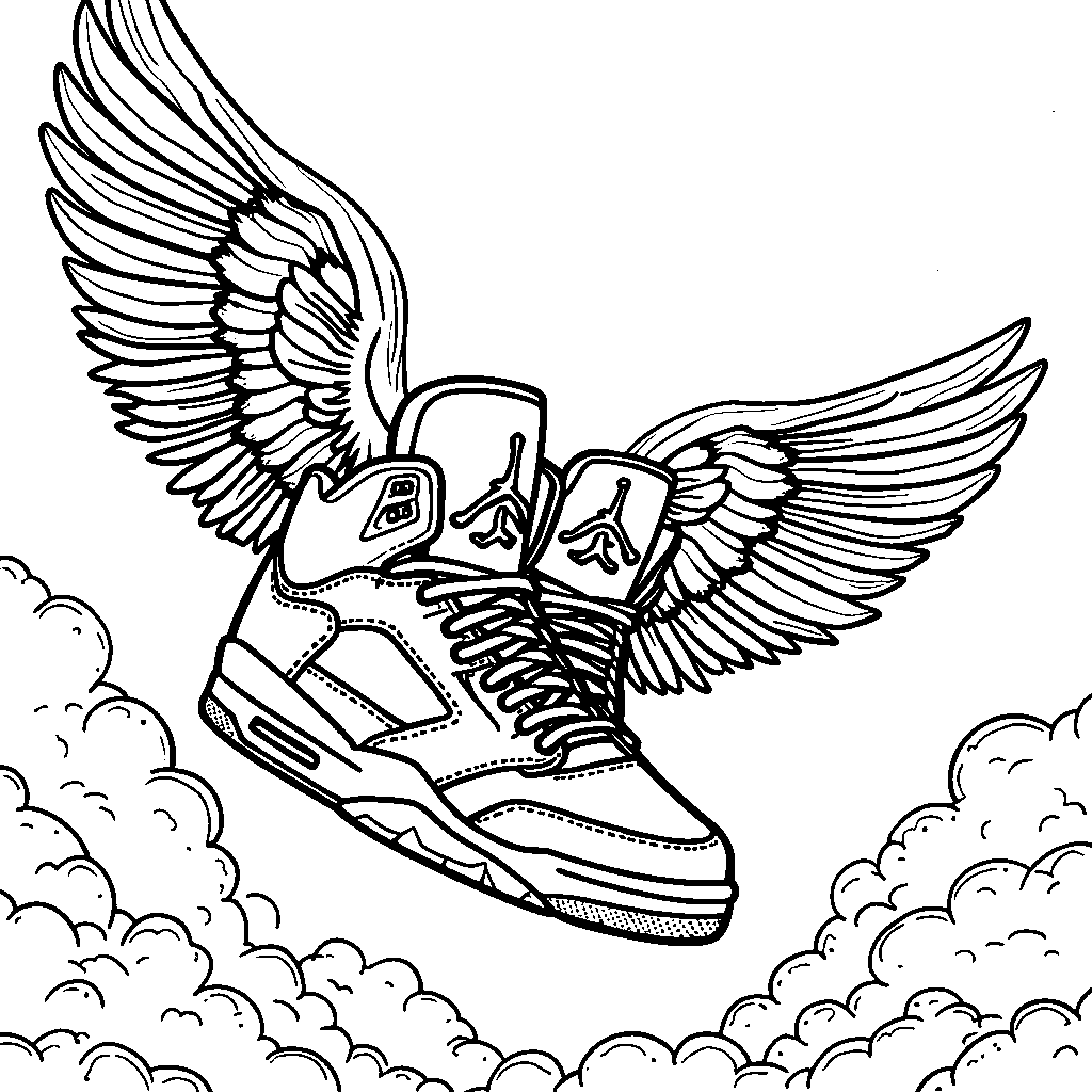 A pair of Jordan 5 shoes with wings, flying through the air