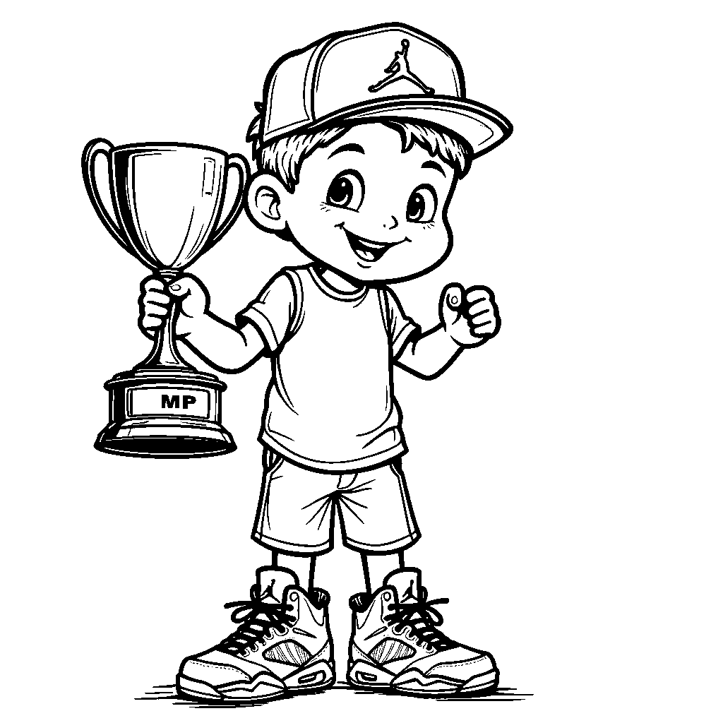 A kid wearing Jordan 5 shoes and holding a 'MVP' trophy