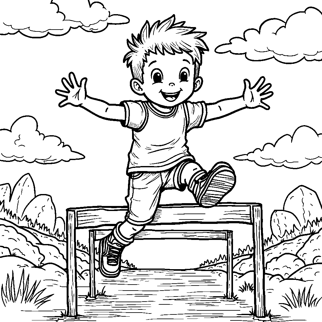 A kid wearing Jordan 5 shoes and jumping over a hurdle