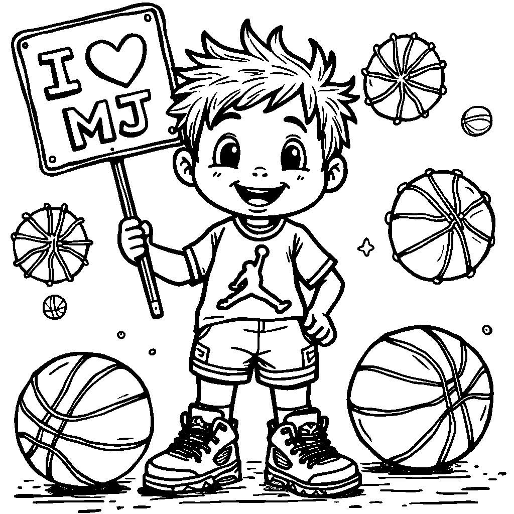 A kid wearing Jordan 5 shoes and holding a 'I love MJ' sign