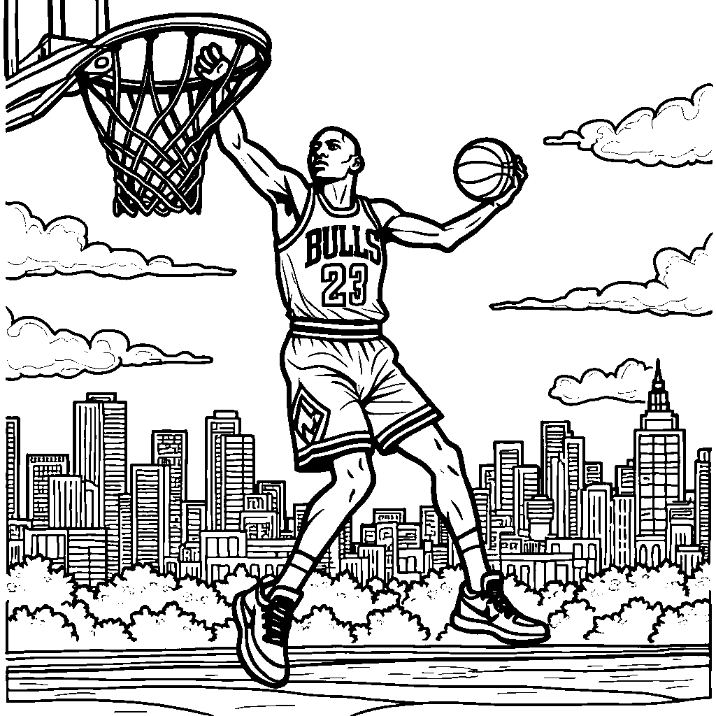 Michael Jordan dunking a basketball with a cityscape in the background