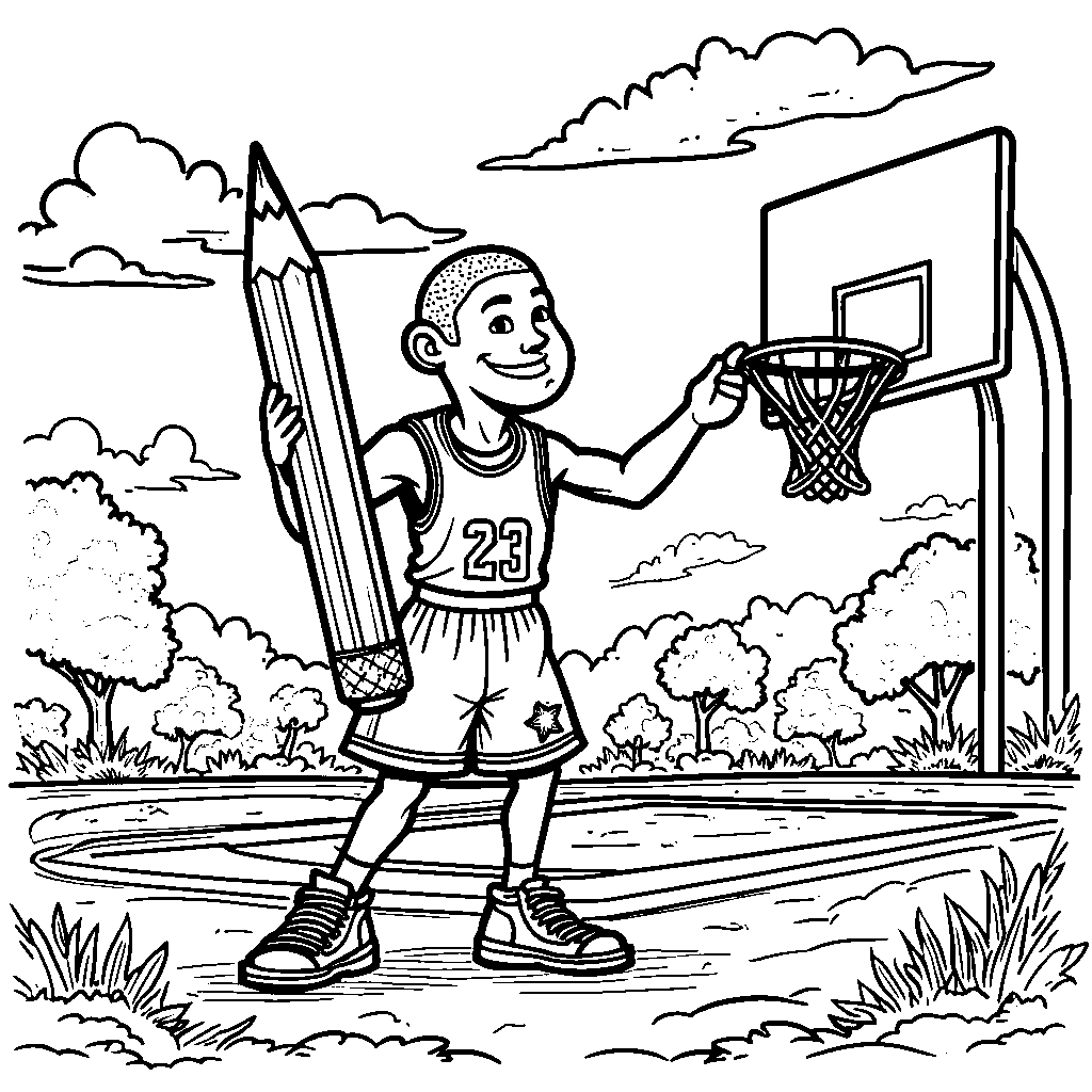 A cartoon Michael Jordan holding a giant pencil and coloring book