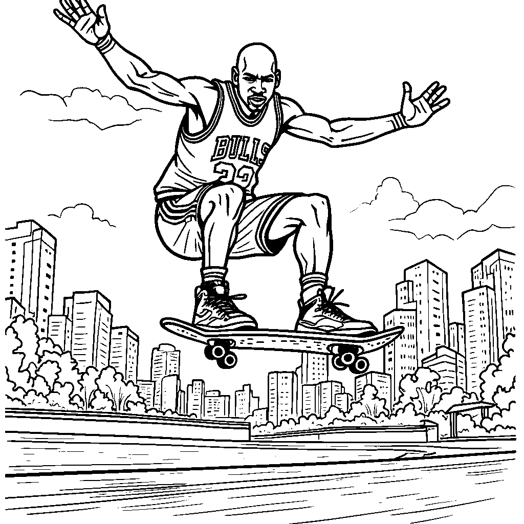 A cartoon Michael Jordan riding a skateboard