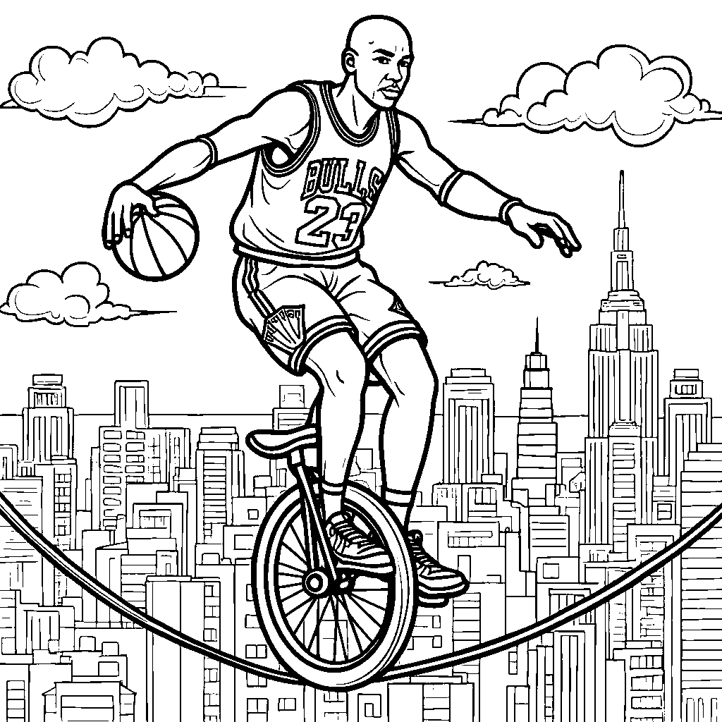 A cartoon Michael Jordan riding a unicycle on a tightrope