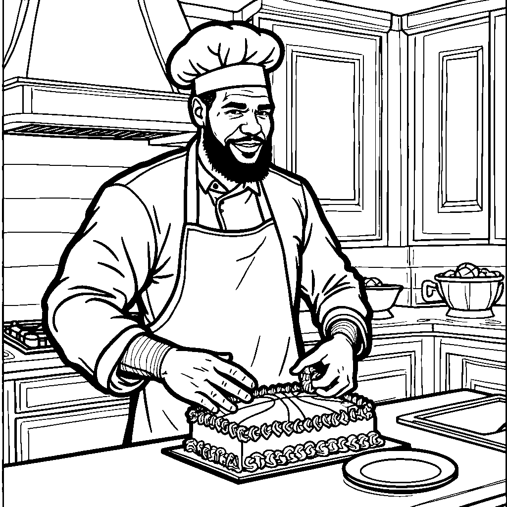 LeBron as a chef, making a basketball cake