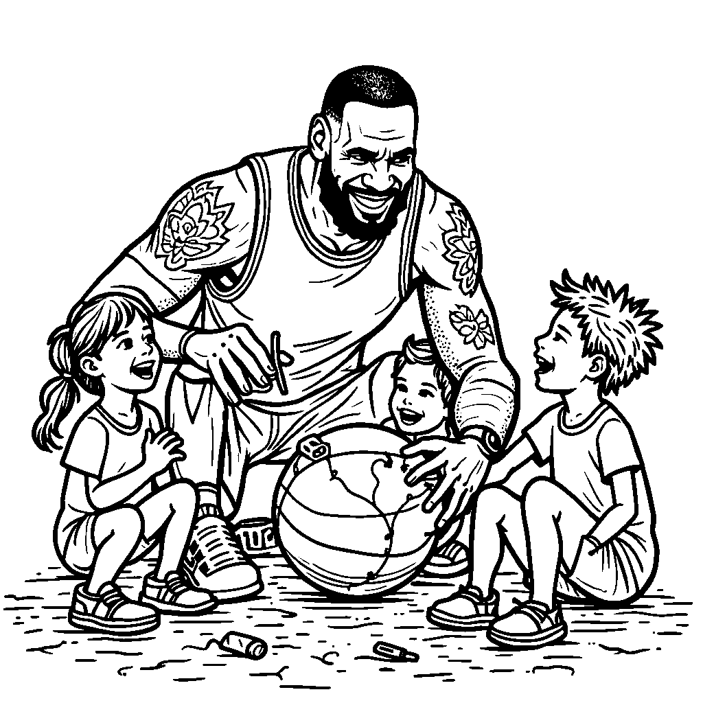 LeBron coloring a giant basketball picture alongside kids