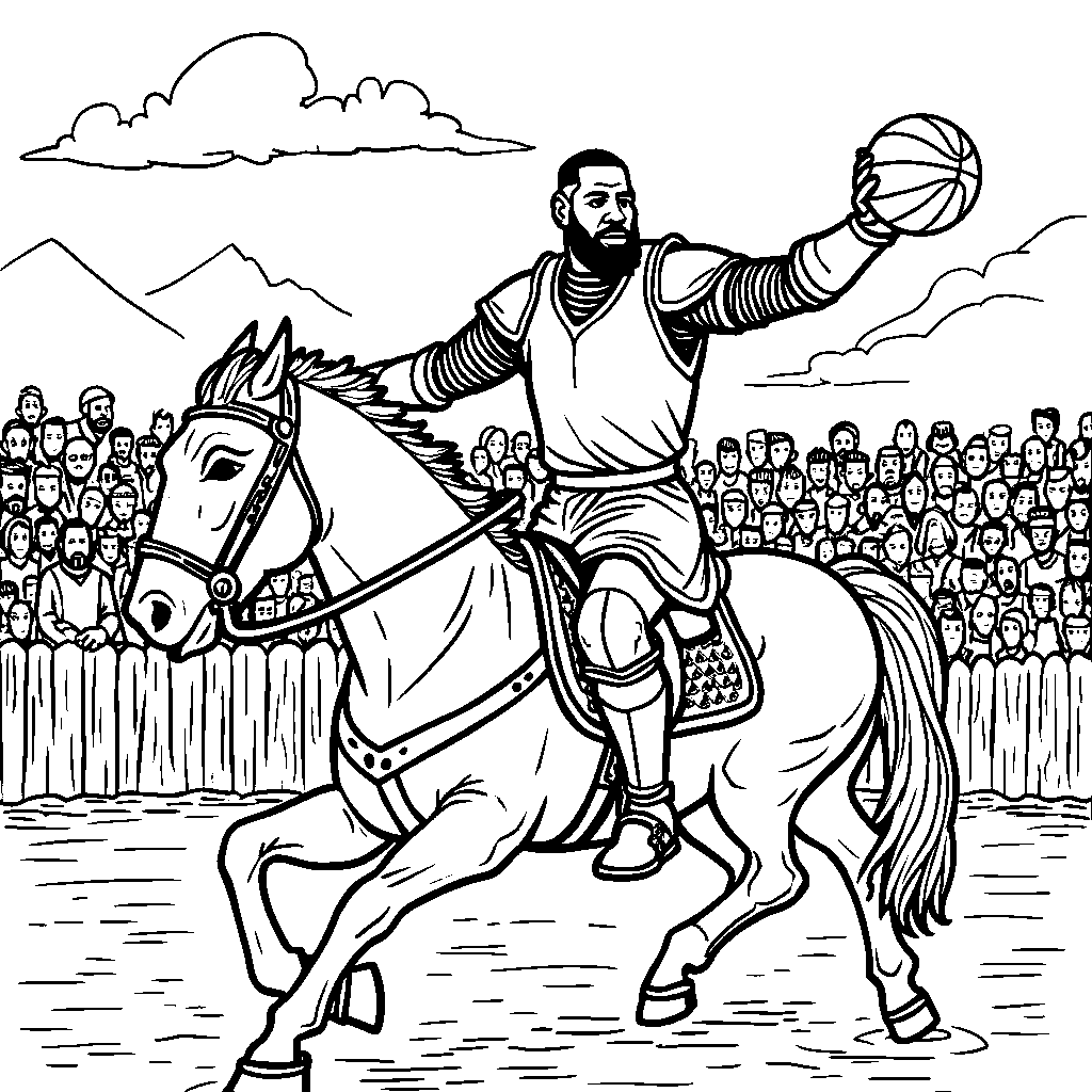 LeBron dressed as a knight, jousting with basketballs