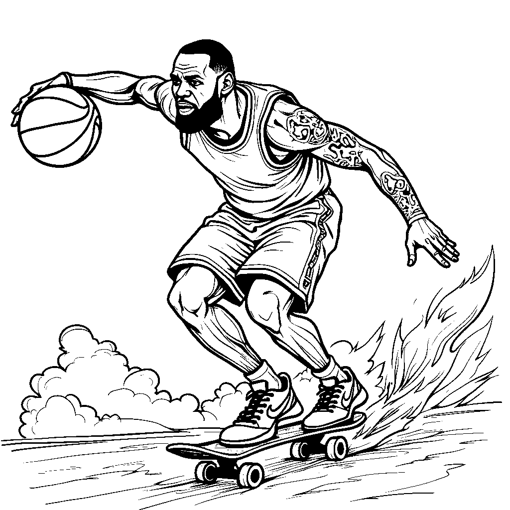 LeBron dribbling the ball while riding a skateboard