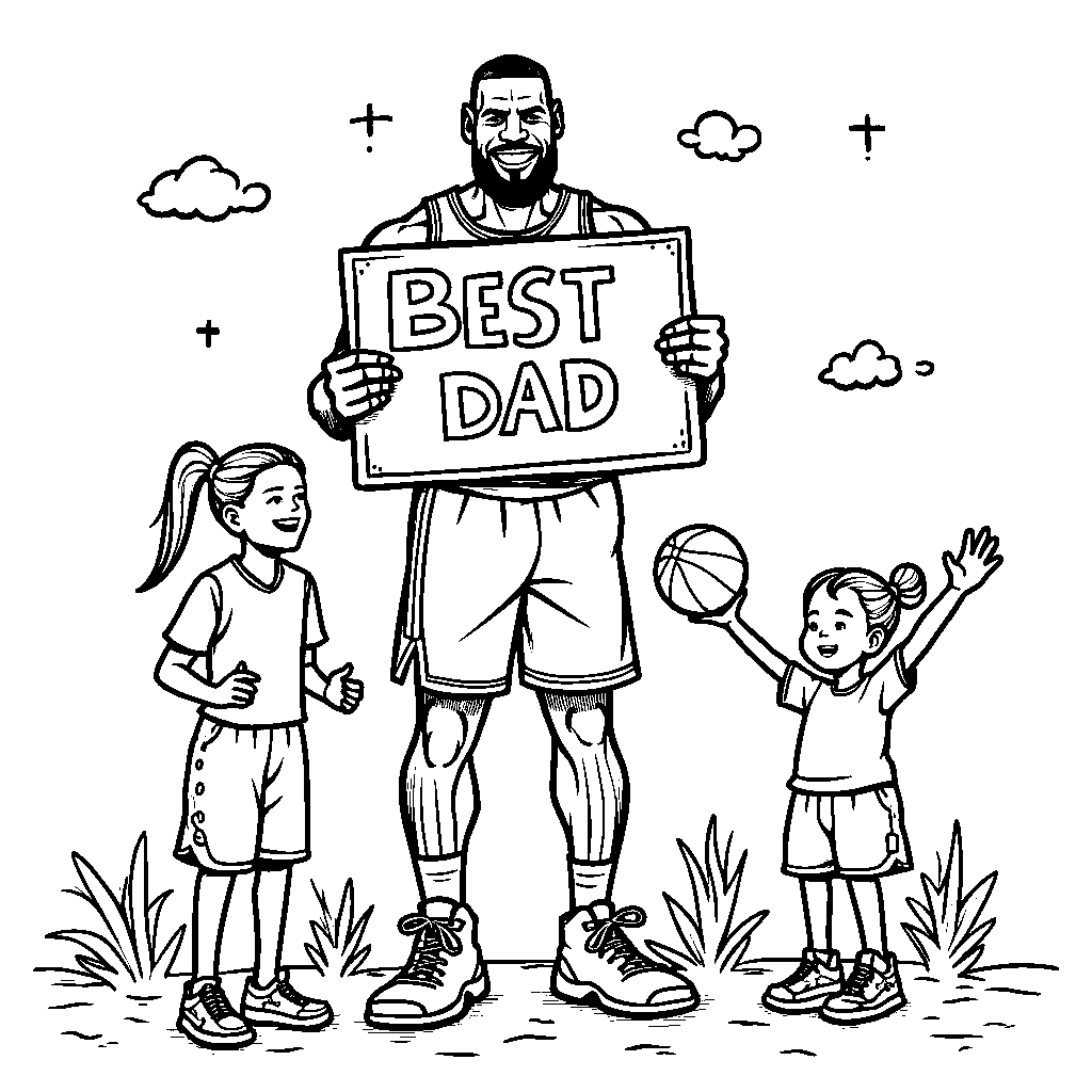 LeBron holding a 'Best Dad' sign while playing with his kids