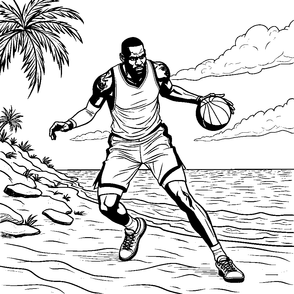 LeBron in a beach setting, playing basketball on the sand