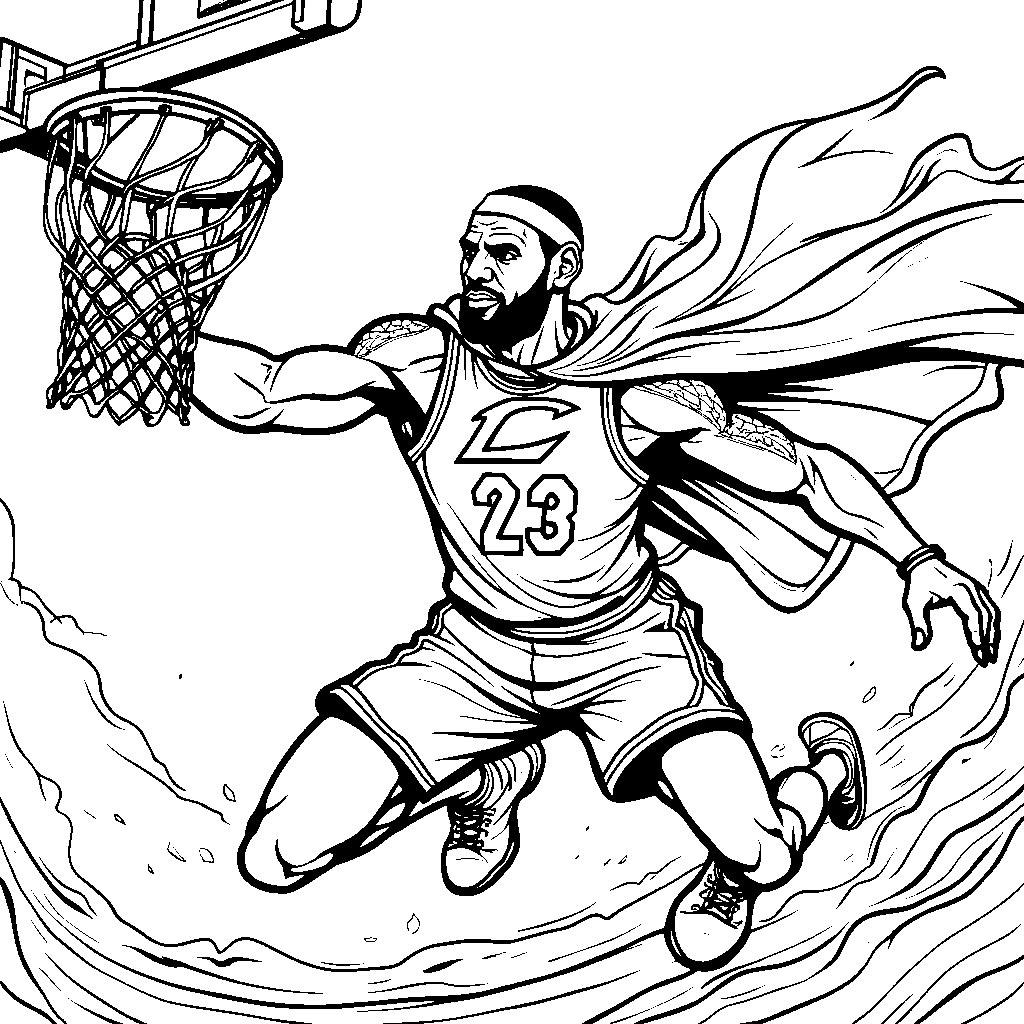 LeBron in a superhero cape, flying towards the basket