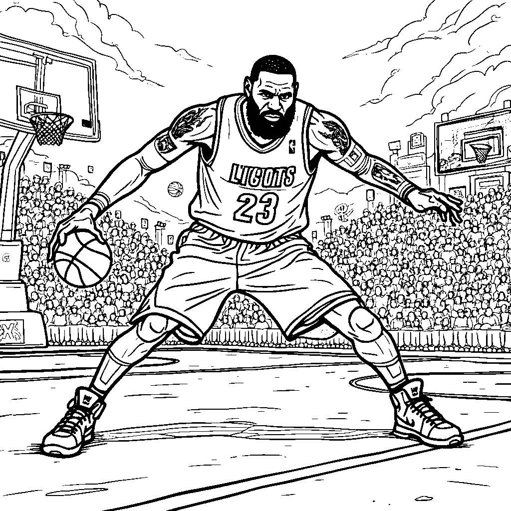 LeBron in a video game setting, battling in a basketball game