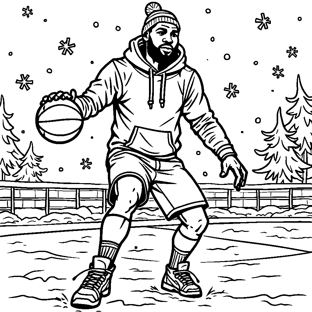 LeBron in a winter outfit, playing basketball in the snow