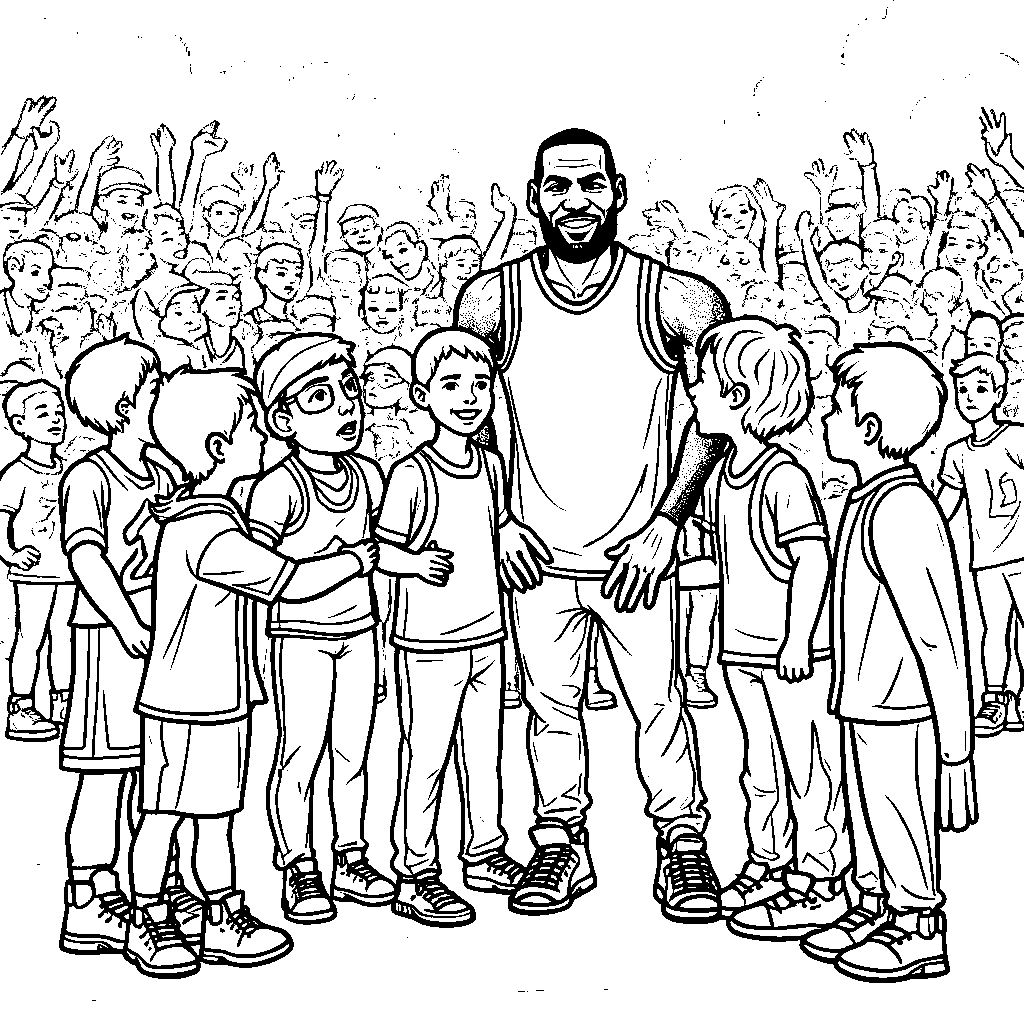 LeBron interacting with young fans as superheroes