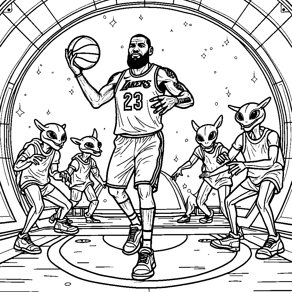 LeBron James in a spaceship shooting hoops with aliens