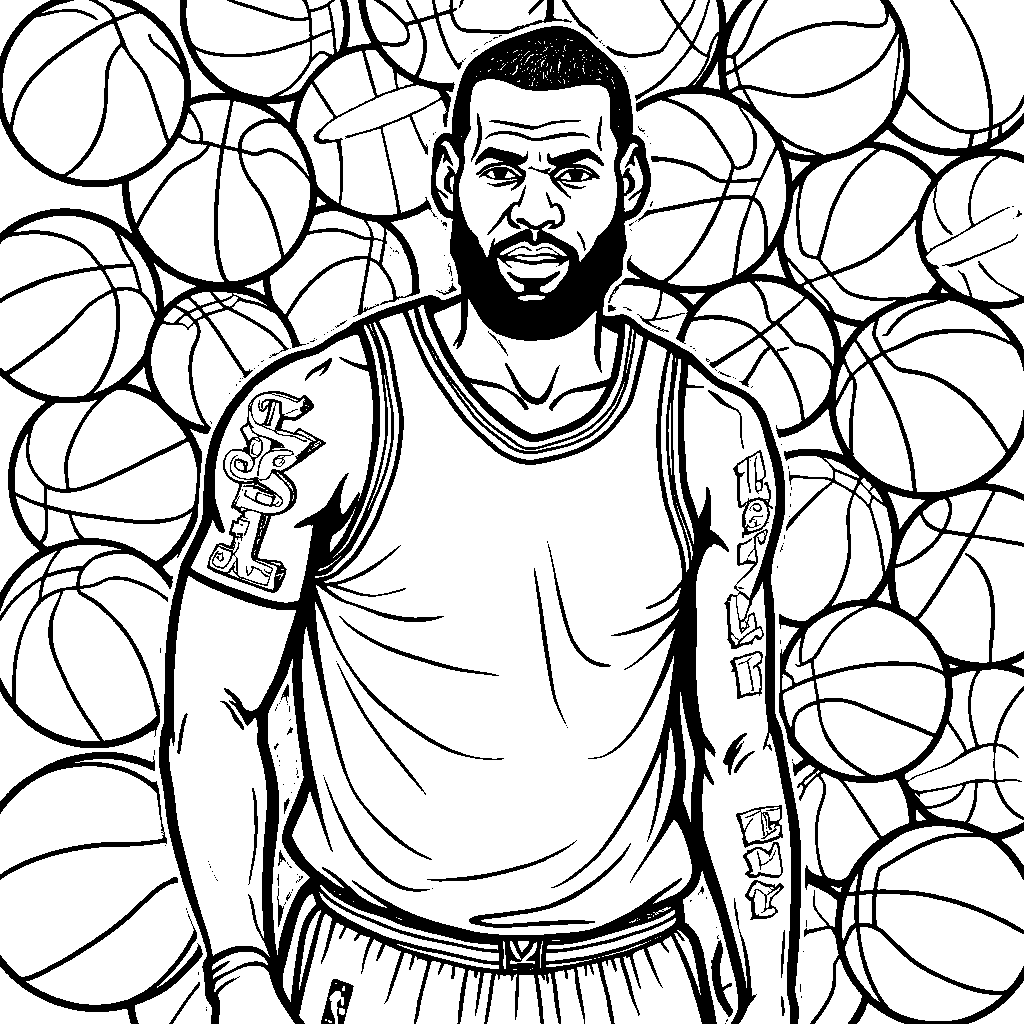 LeBron James surrounded by basketballs, each one decorated with different patterns