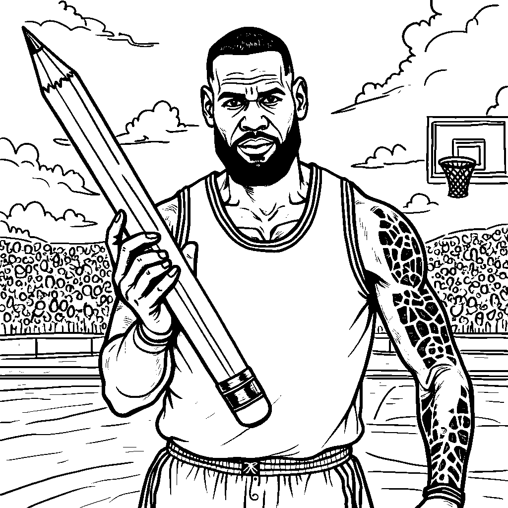 LeBron James with a giant pencil, drawing his dream basketball court