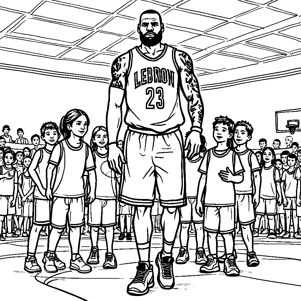 LeBron leading a youth basketball camp, teaching kids